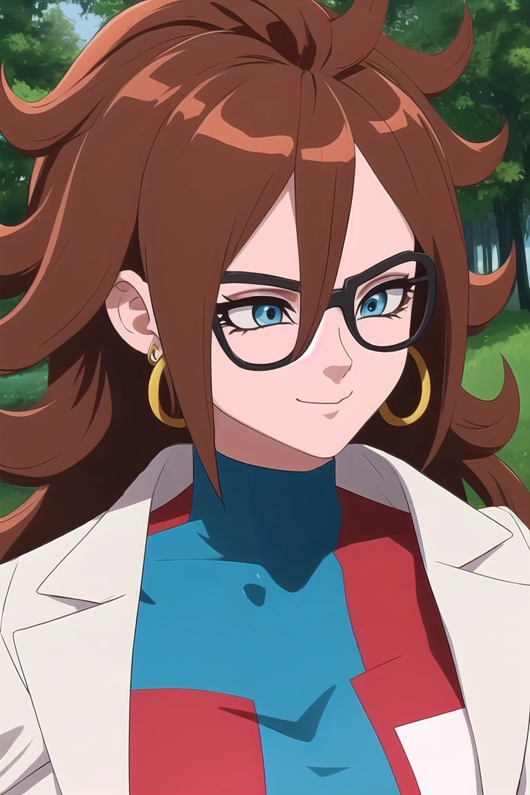 android21, 1girl, solo, blue eyes, brown hair, long hair, curly hair, hair between eyes, jewelry, hoop earrings, glasses,
checkered dress, two-tone dress, multicolored dress, tight dress, turtleneck, black pantyhose, labcoat, long sleeves,
smile,closed mouth,cowboy shot,
forest,outdoor,
(insanely detailed, beautiful detailed face, masterpiece, best quality) cinematic lighting,