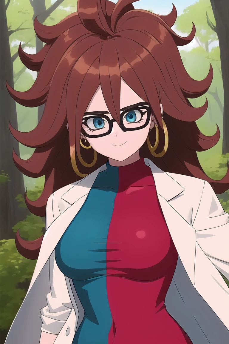 android21, 1girl, solo, blue eyes, brown hair, long hair, curly hair, hair between eyes, jewelry, hoop earrings, glasses,
checkered dress, two-tone dress, multicolored dress, tight dress, turtleneck, black pantyhose, labcoat, long sleeves,
smile,closed mouth,cowboy shot,
forest,outdoor,
(insanely detailed, beautiful detailed face, masterpiece, best quality) cinematic lighting,