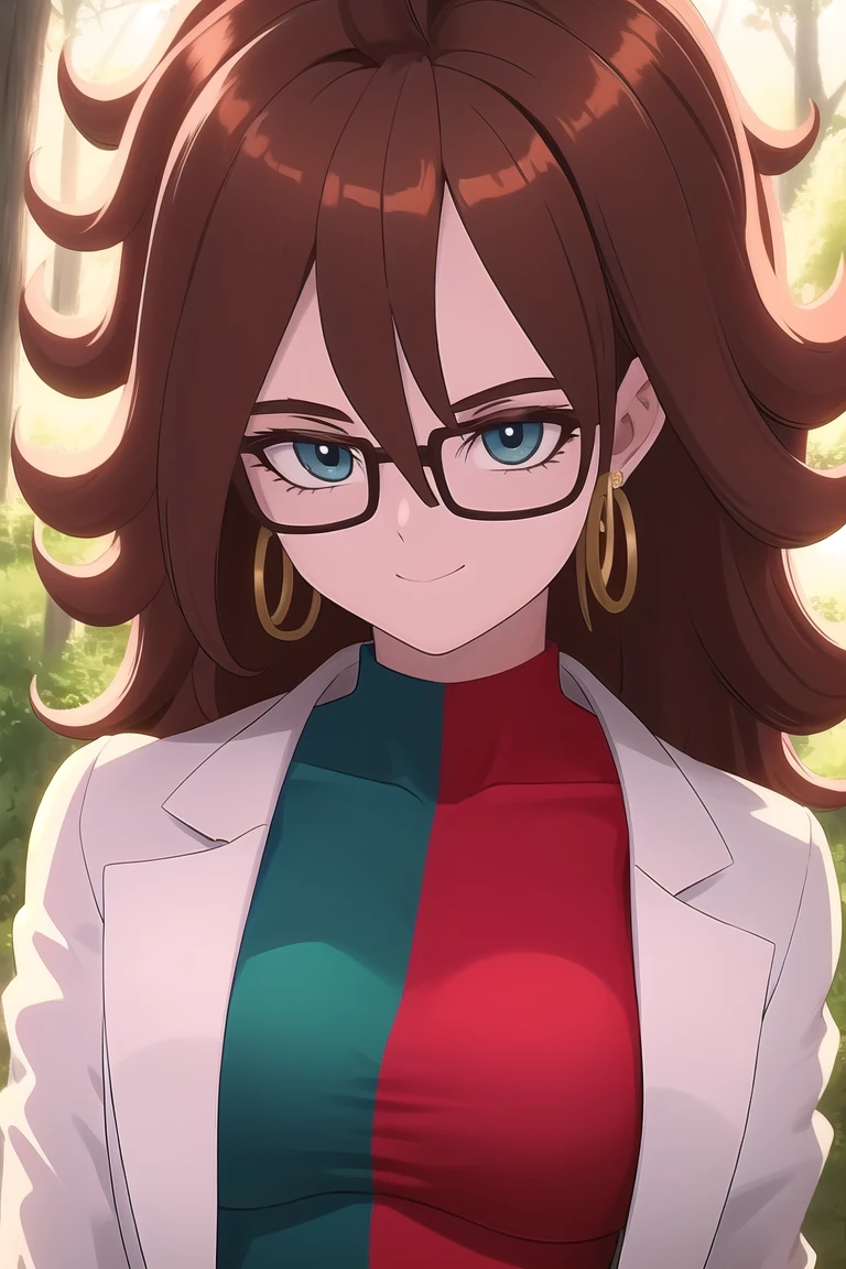 android21, 1girl, solo, blue eyes, brown hair, long hair, curly hair, hair between eyes, jewelry, hoop earrings, glasses,
checkered dress, two-tone dress, multicolored dress, tight dress, turtleneck, black pantyhose, labcoat, long sleeves,
smile,closed mouth,cowboy shot,
forest,outdoor,
(insanely detailed, beautiful detailed face, masterpiece, best quality) cinematic lighting,