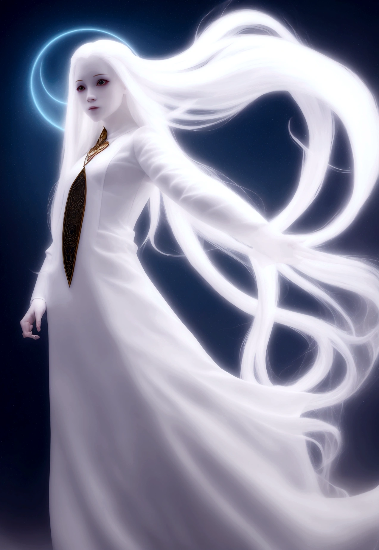 Character (white long hair) (white pale skin) (mystical seer-style clothing) (character in dynamic pose) (perspective angle) (full frame) (twilight sky background) (warm vibes)