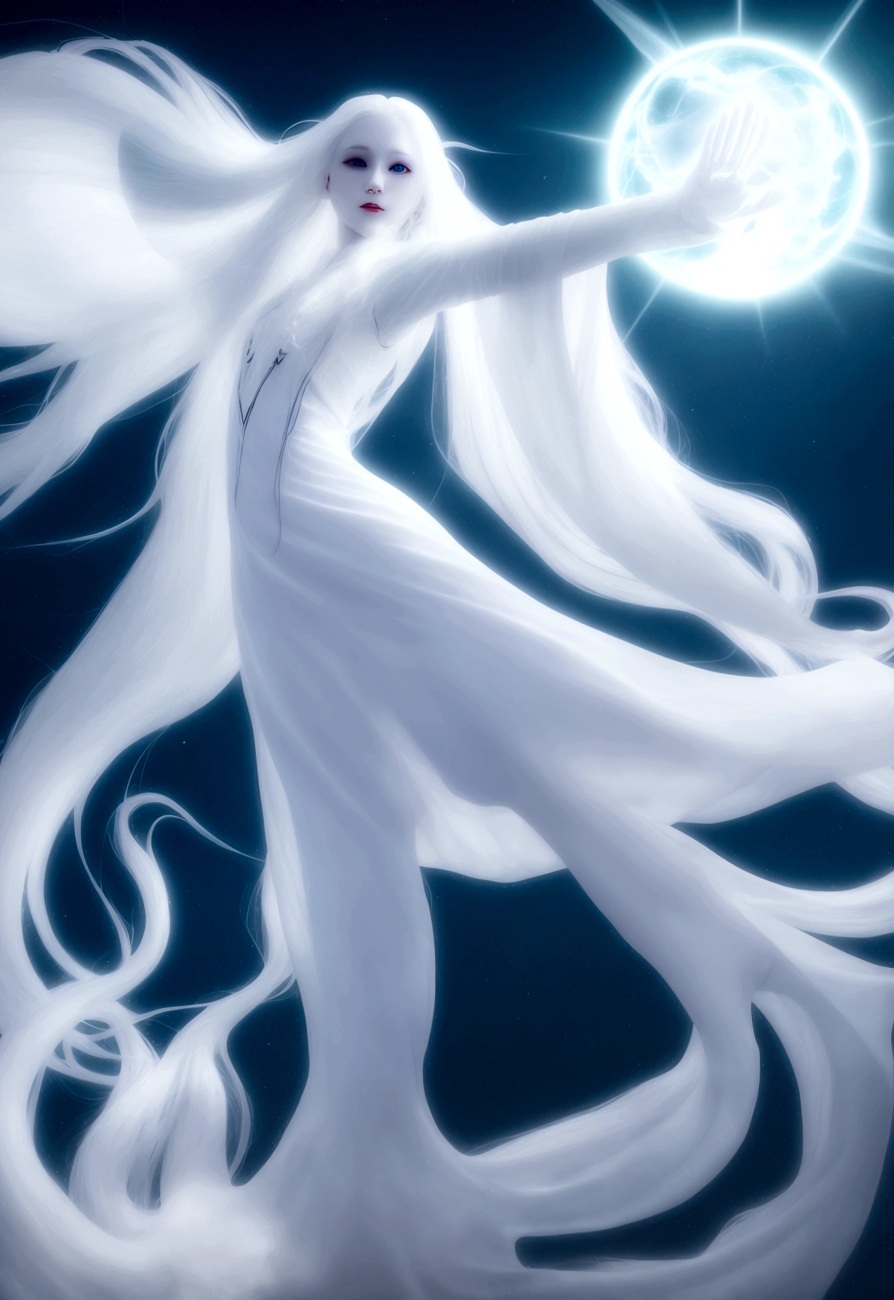 Character (white long hair) (white pale skin) (mystical seer-style clothing) (character in dynamic pose) (perspective angle) (full frame) (twilight sky background) (warm vibes)