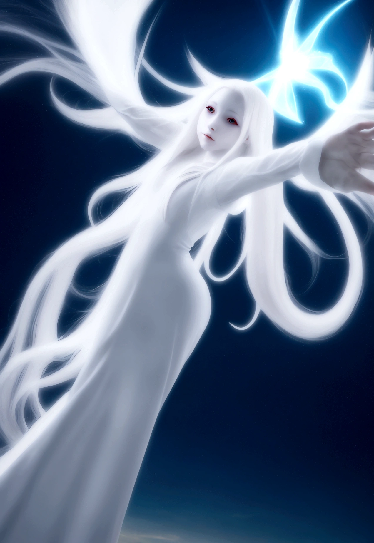 Character (white long hair) (white pale skin) (mystical seer-style clothing) (character in dynamic pose) (perspective angle) (full frame) (twilight sky background) (warm vibes)