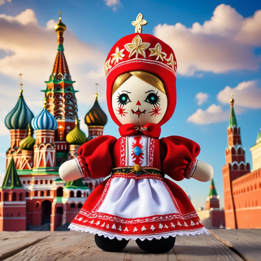 (knitted toy voodoo doll:1.2), (Voodoo in Traditional Russian Attire:1.5), (Clothing: traditional Russian sarafan and kokoshnik:1.3), (background: Moscow Kremlin with its iconic towers and walls, under a bright, clear sky:1.3), best quality, masterpiece, detailed soft oil painting, detailed background, dramatic cinematic lighting, soft edge lighting, professional, dramatic lighting, hard edge lighting, ultra quality, 4k,masterpiece, best quality, 8k, ultra highres, highres, extremely detailed