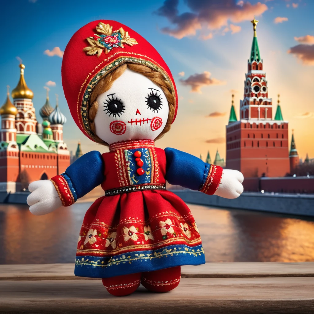 (knitted toy voodoo doll:1.2), (Voodoo in Traditional Russian Attire:1.5), (Clothing: traditional Russian sarafan and kokoshnik:1.3), (background: Moscow Kremlin with its iconic towers and walls, under a bright, clear sky:1.3), best quality, masterpiece, detailed soft oil painting, detailed background, dramatic cinematic lighting, soft edge lighting, professional, dramatic lighting, hard edge lighting, ultra quality, 4k,masterpiece, best quality, 8k, ultra highres, highres, extremely detailed