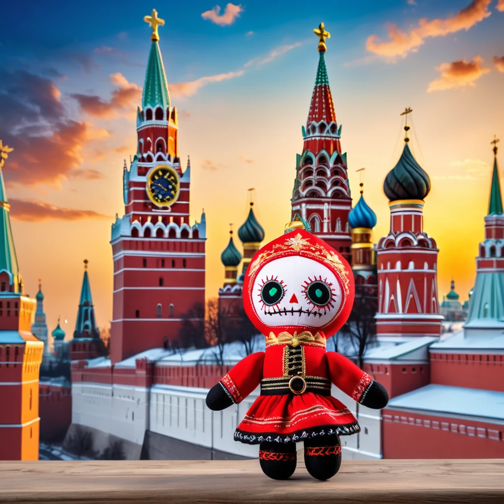 (knitted toy voodoo doll:1.2), (Voodoo in Traditional Russian Attire:1.5), (Clothing: traditional Russian sarafan and kokoshnik:1.3), (background: Moscow Kremlin with its iconic towers and walls, under a bright, clear sky:1.3), best quality, masterpiece, detailed soft oil painting, detailed background, dramatic cinematic lighting, soft edge lighting, professional, dramatic lighting, hard edge lighting, ultra quality, 4k,masterpiece, best quality, 8k, ultra highres, highres, extremely detailed
