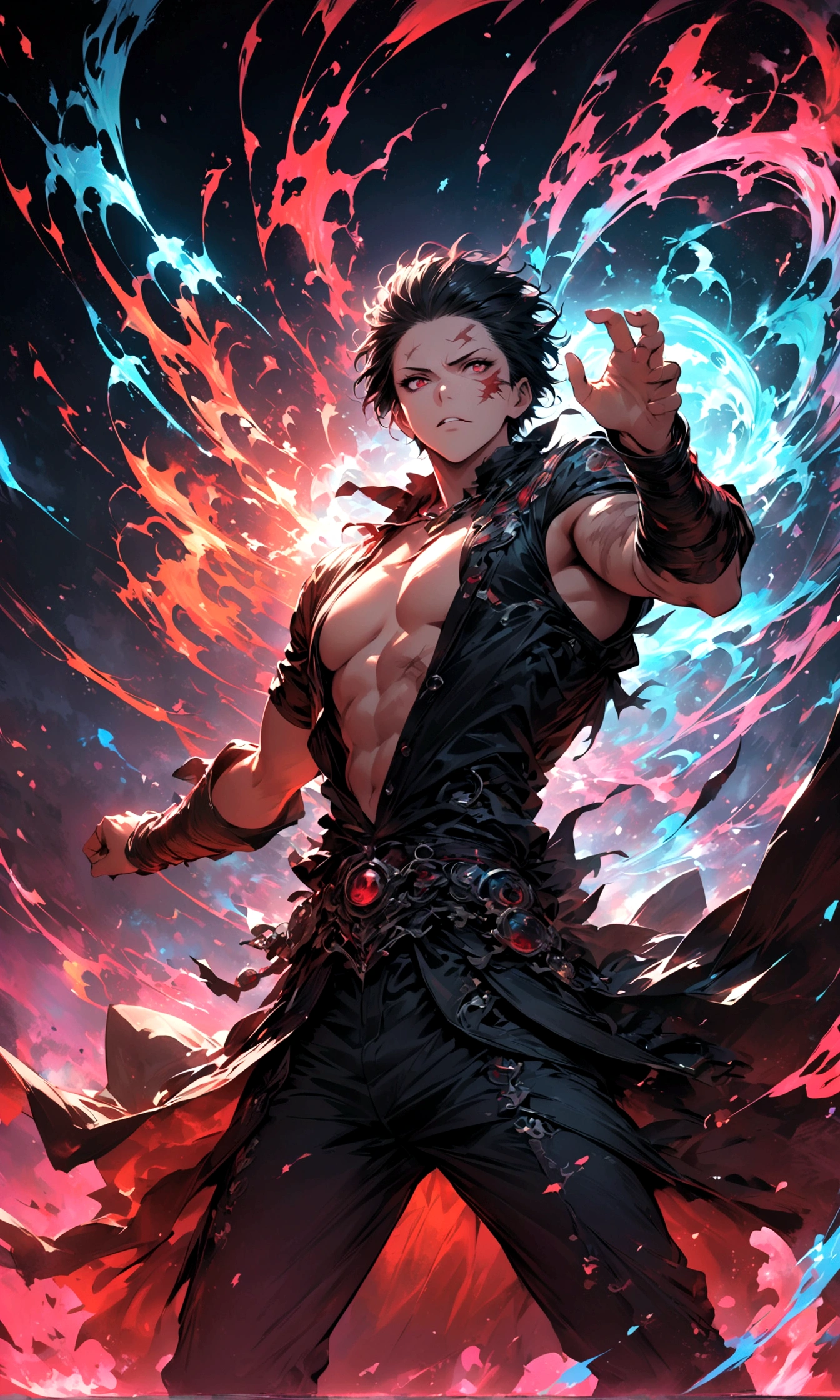 1 male,Jinmu,Tokyo Ghoul,,Ishida Sui's style,Intricate details,Use black and white as the main colors,decadent,artwork,Rendering,Dynamic poses,(masterpiece:1.3),(best quality:1.4),(Extremely detailed:1.5),high resolution,Extremely detailed,Unity 8K wallpaper,Dark Fantasy,glare,Fighting Style,crazy微笑,Scars,Blood,crazy,Best color balance,