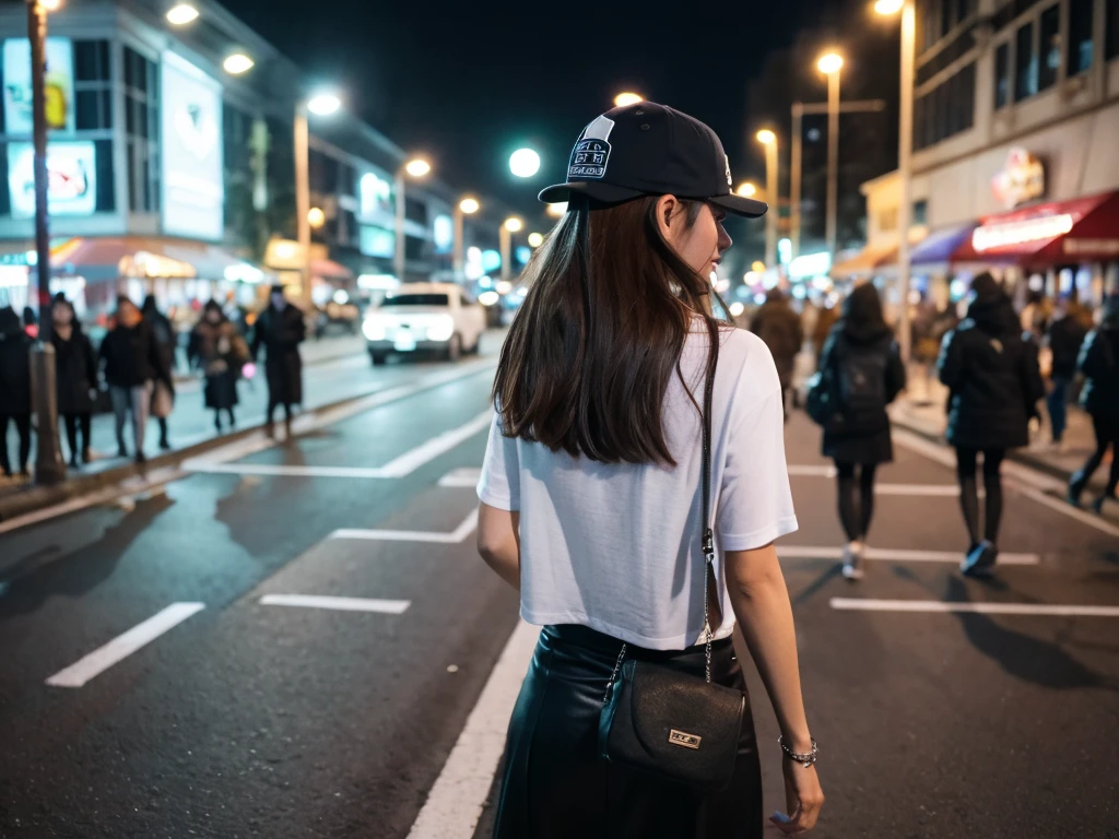 1 Girl,night,With a baseball cap,Walking on the street,Back,It's drizzling