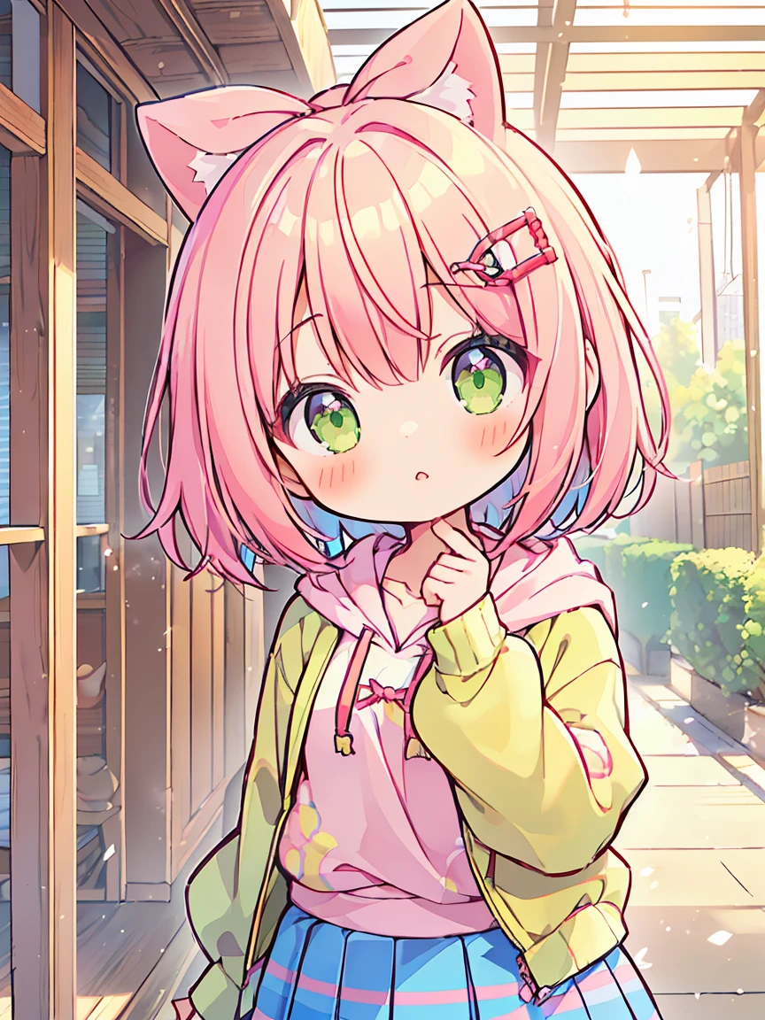 ((madhikado mazoku,chiyoda momo,1girl,solo,pink hair,hairclip,hair ornament,green eyes,medium hair,small breasts,,yellow hoodie over ,plaid skirt,blue skirt,red ribbon,pink hair clip,bob cut)), head tilt, hair fluttering in the wind, shock, indoors,
