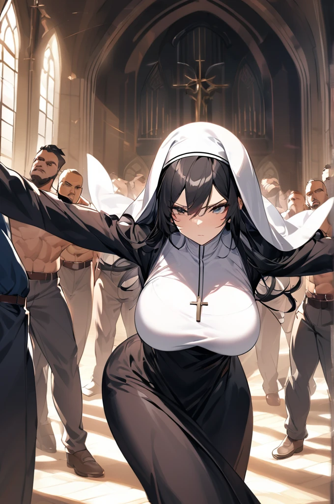 Woman, tall, long black hair,Large breasts, defined, muscles showing through her clothes, dressed as a nun, fighting posture, with several men surrounding her in church 