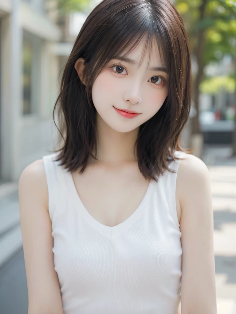 masutepiece, Best Quality, Illustration, Ultra-detailed, finely detail, hight resolution, 8K Wallpaper, Perfect dynamic composition, Beautiful detailed eyes, Women's Fashion Summer,Medium Hair,Small breasts natural color lip, Bold sexy poses,Smile,Harajuku、20 years girl、Cute、Sexy shot looking at camera