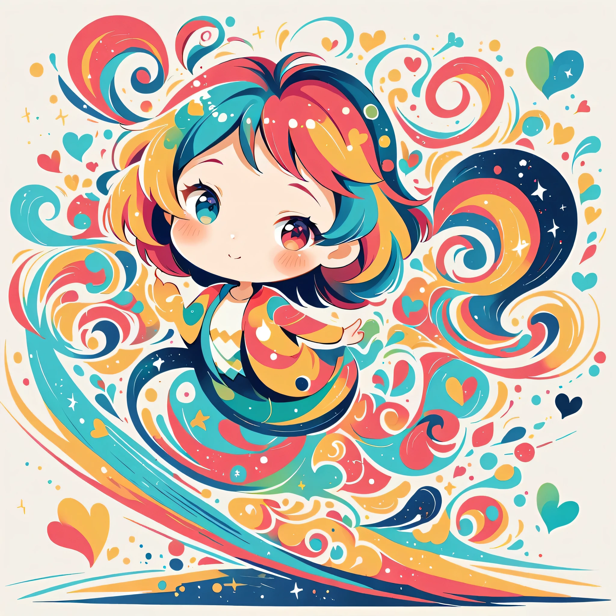 Mai Yoneyama style, Simple Line Initialism,Abstract art,Urban Background, colorful hearts ,(((The most beautiful girl of all time))), (((chibi))), happy dance with Cute amoeba.