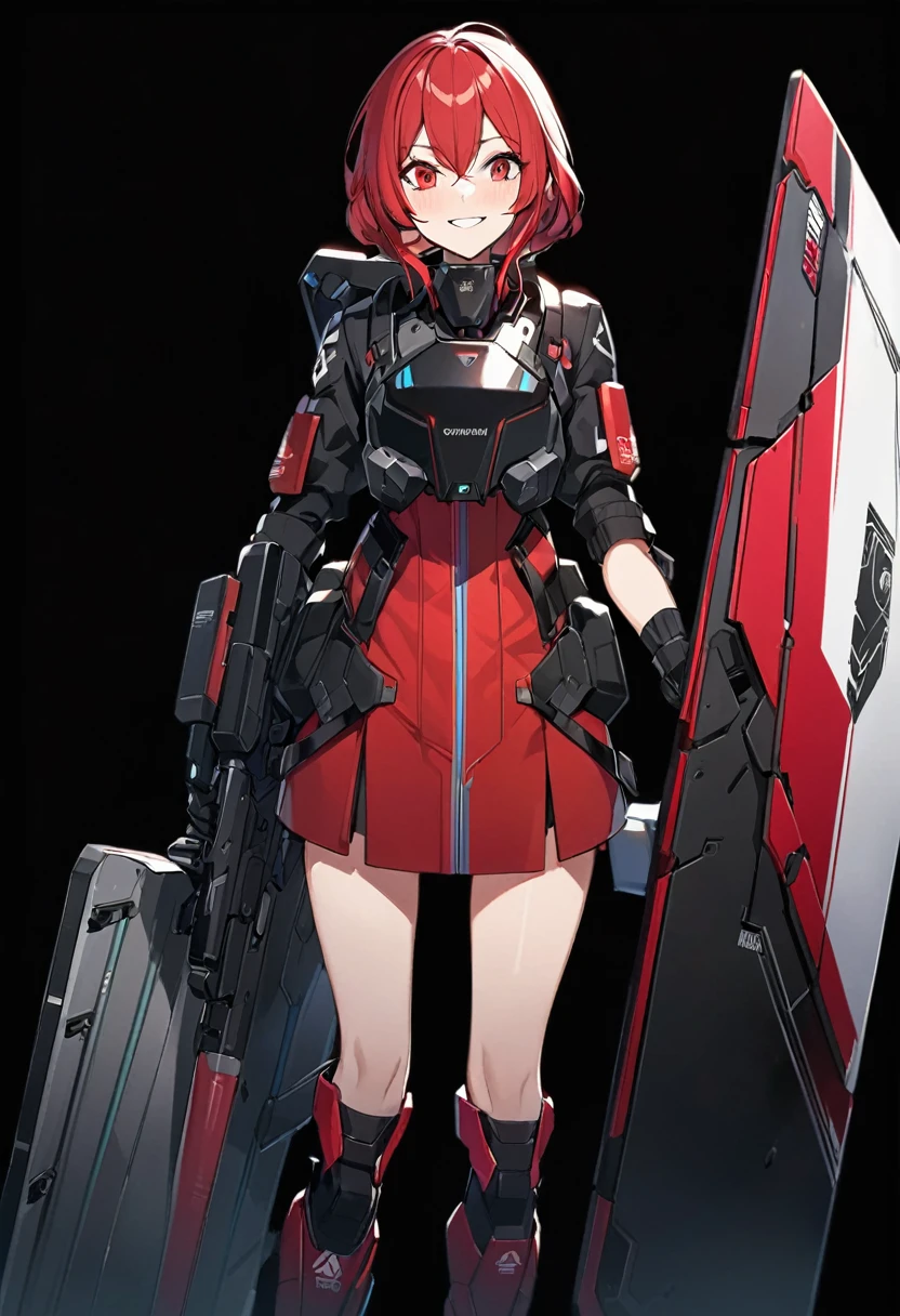 Anime-style woman in black and red outfit holding large shield, Cyberpunk Anime Girl Mecha, Wearing technical clothing, Amazing anime 8k, From Girls Frontline, Mechanized Soldier Girl, Special Assault Team, special forces, M4 Sopmod II Girls Frontline, Official character art, Kashert Kenz, Kshat Garland, ((short length red hair)), innocent, cute, smiling, ((black background)), ((simple background)), ((holding super large shield)), ((Shield as tall as the owner's height)), ((small chest)), ((black long botoms)), , ((Kindness)), ((gentleness)), shy