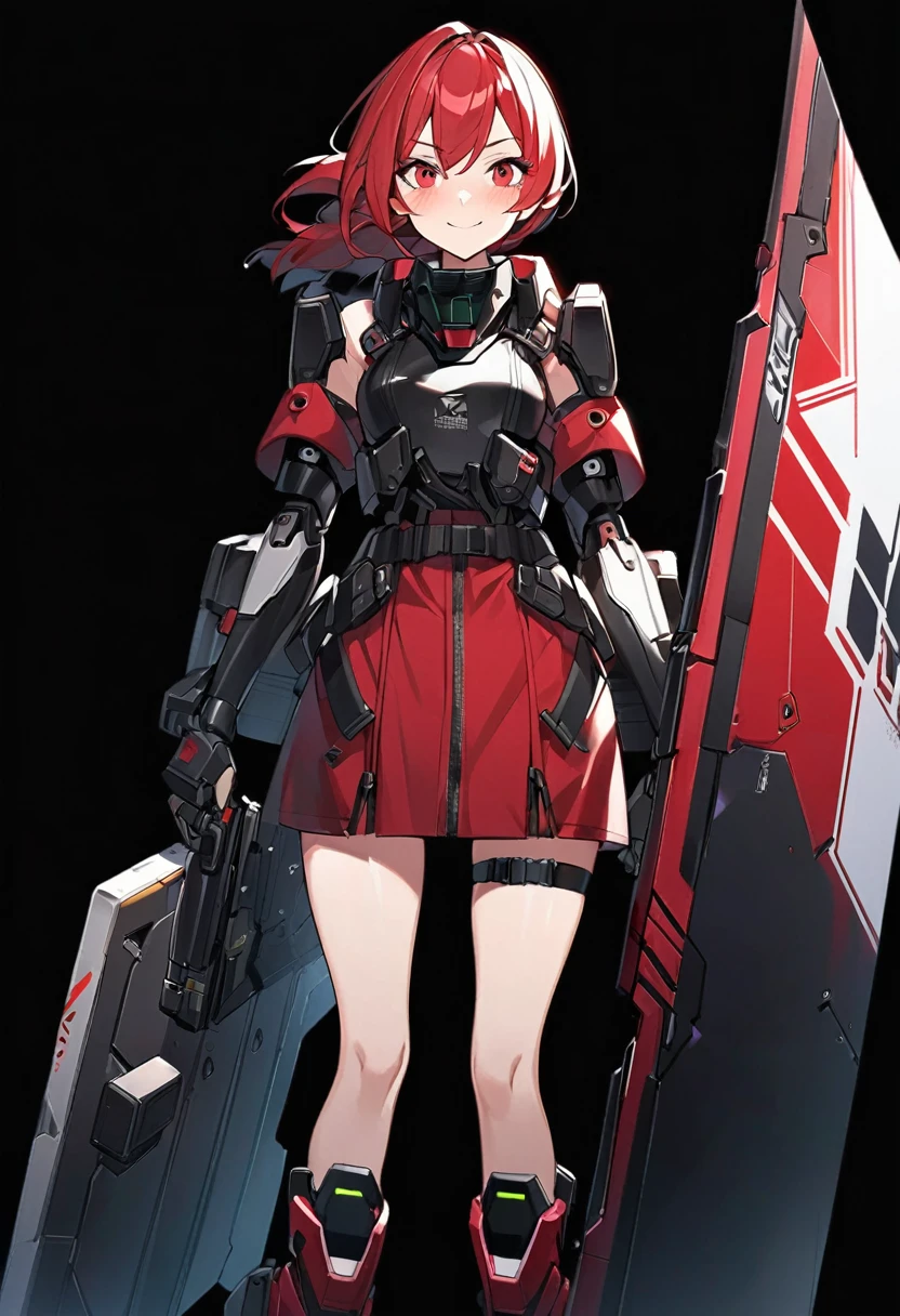 Anime-style woman in black and red outfit holding large shield, Cyberpunk Anime Girl Mecha, Wearing technical clothing, Amazing anime 8k, From Girls Frontline, Mechanized Soldier Girl, Special Assault Team, special forces, M4 Sopmod II Girls Frontline, Official character art, Kashert Kenz, Kshat Garland, ((short length red hair)), innocent, cute, smiling, ((black background)), ((simple background)), ((holding super large shield)), ((Shield as tall as the owner's height)), ((small chest)), ((black long botoms)), , ((Kindness)), ((gentleness)), shy