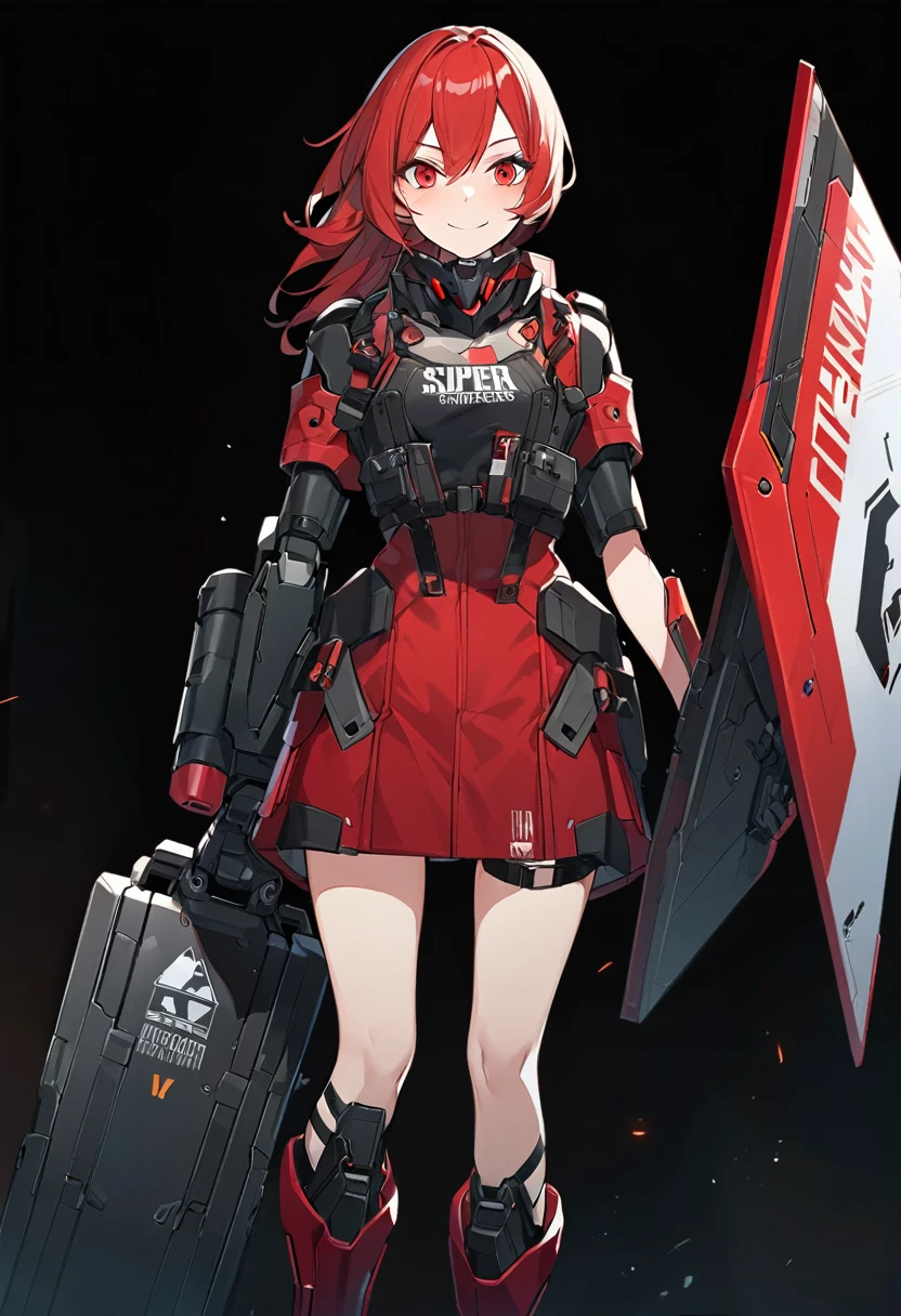 Anime-style woman in black and red outfit holding large shield, Cyberpunk Anime Girl Mecha, Wearing technical clothing, Amazing anime 8k, From Girls Frontline, Mechanized Soldier Girl, Special Assault Team, special forces, M4 Sopmod II Girls Frontline, Official character art, Kashert Kenz, Kshat Garland, ((short length red hair)), innocent, cute, smiling, ((black background)), ((simple background)), ((holding super large shield)), ((Shield as tall as the owner's height)), ((small chest)), ((black long botoms)), , ((Kindness)), ((gentleness)), shy