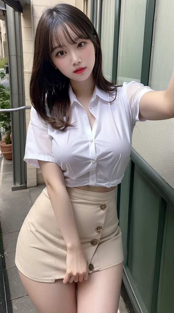 ,Highest quality, figure, Super detailed, In detail, High resolution, 8k wallpaper, Thick lips、Perfect dynamic composition, Glossy with oil々Skin、Korean、Unbutton your shirt to show off your boobs、Undressing、Short skirt。Shiny thighs,Thick thighs、Narrow waist、Big Breasts、 Natural color lip, Bold sexy pose,balcony、cute、Selfie、NSFW、Incême、Up Angle、Selfie、