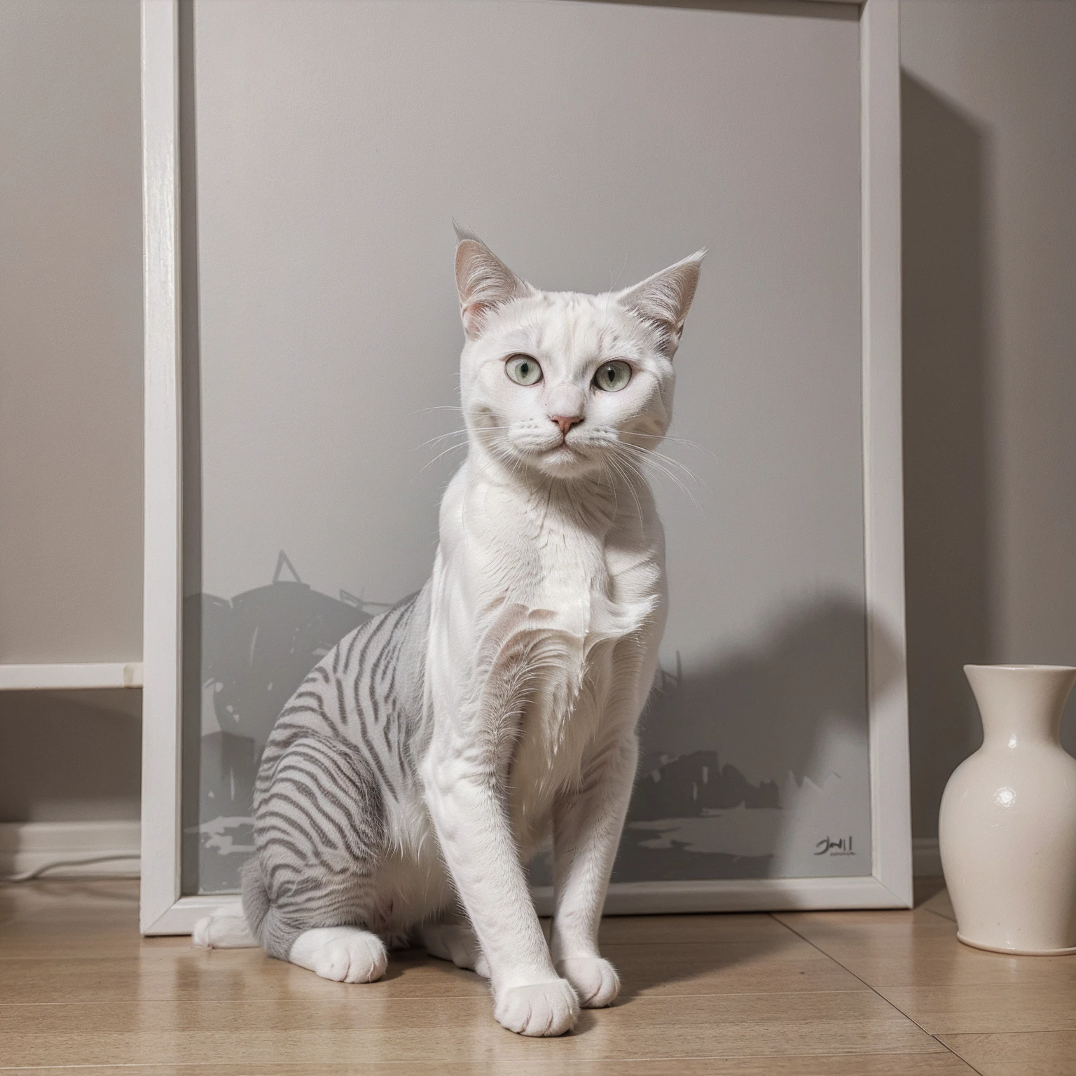 A 2D image of a grey white cat in a painting