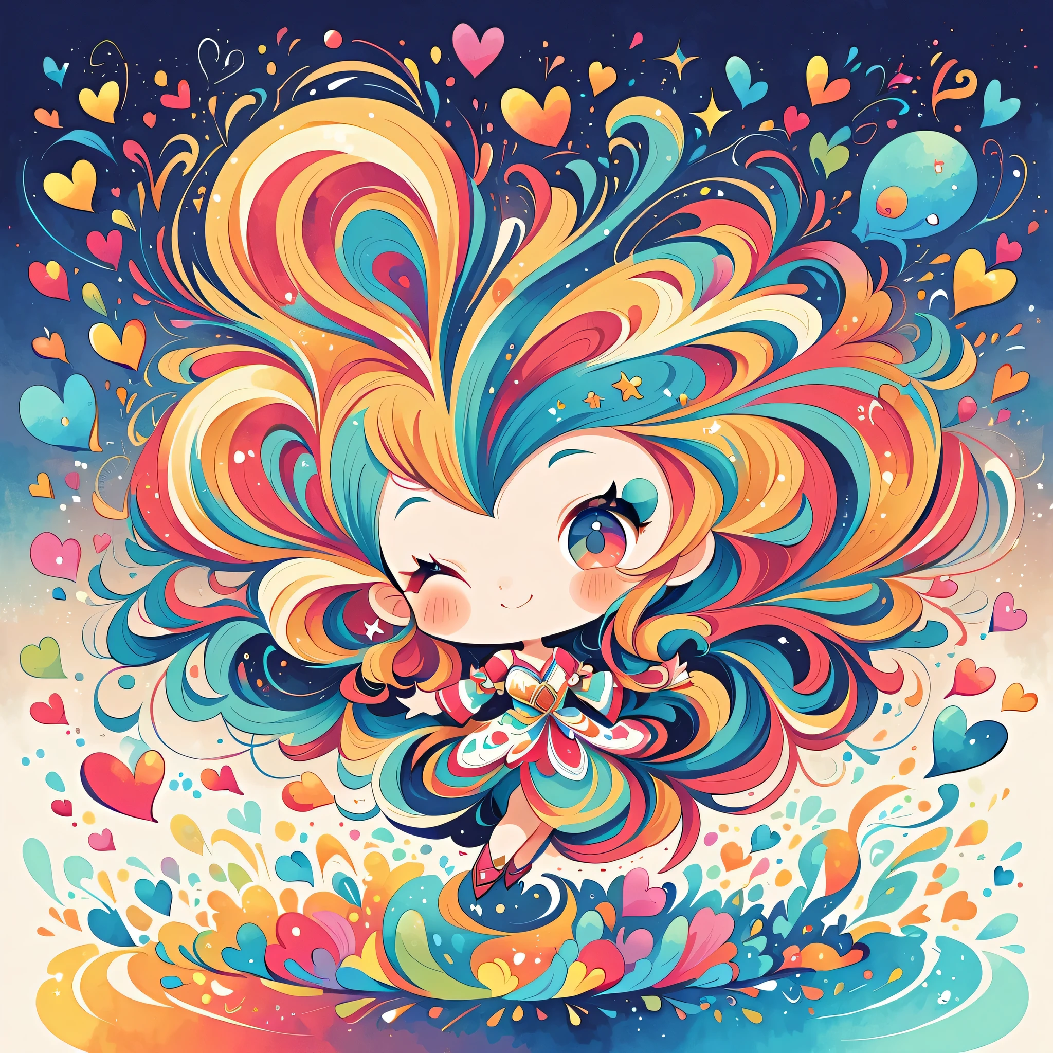 Mai Yoneyama style, Simple Line Initialism,Abstract art,Urban Background, colorful hearts ,(((The most beautiful girl of all time))), (((chibi))), happy dance with Cute amoeba.