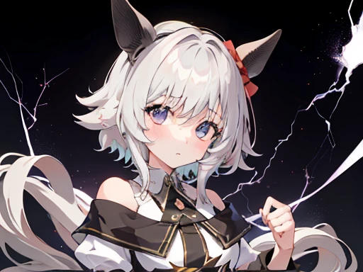 (masutepiece, Best Quality:1), A Russian girl in her early teens with ash grey hair, solo, chibi, twinkle-lightning background, high-contrast((must))