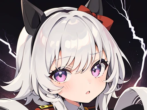 (masutepiece, Best Quality:1), A Russian girl in her early teens with ash grey hair, solo, chibi, twinkle-lightning background, high-contrast((must))