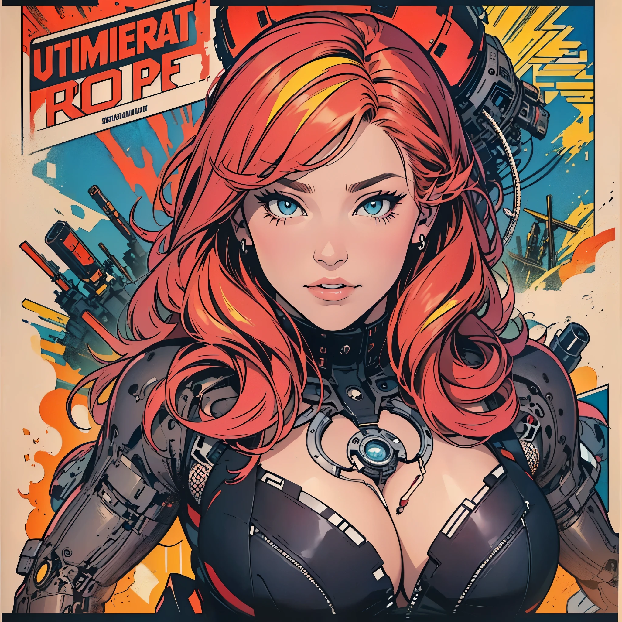 (((ultimate best quality))),(((solo:1.2))),(((1girl:1.2))),((((beautiful perfect woman)))),(((detailed perfect body, detailed perfect finger))),((((((ultimate movie poster)))))),(((bust up, close up))),((((detailed complicated machine)))),(((((genius mechanical))))),(((American comics))),(((extreme highlights))),(((Extremely colorful, primary colors))),cleavage, super beautiful lady,(((typography))),text