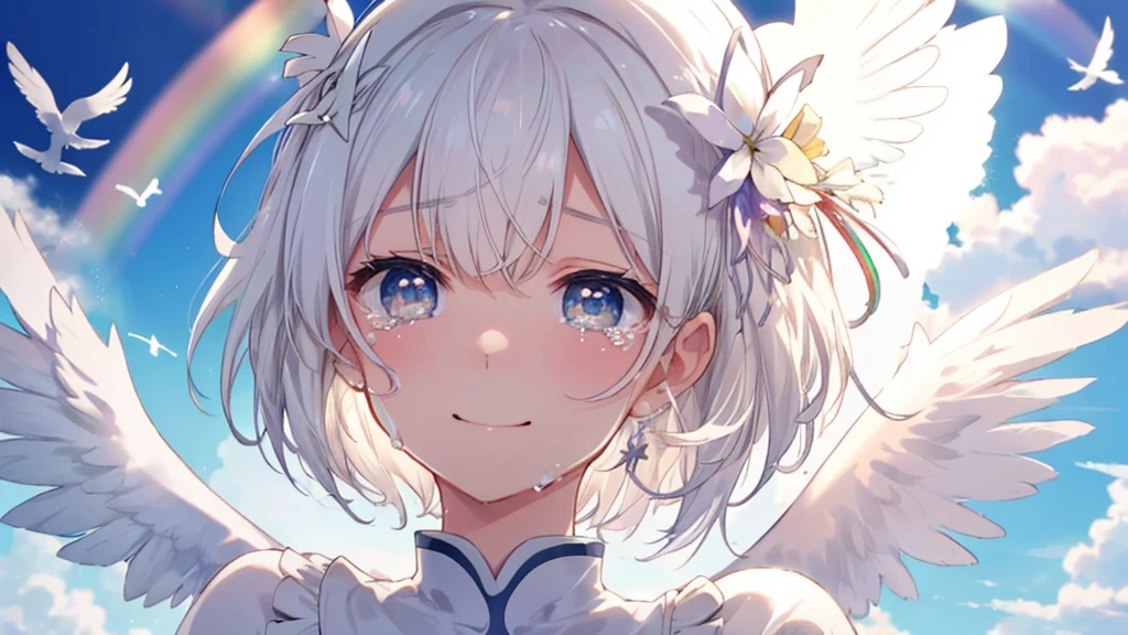 (((Extreme close-up tears smile Low - Angle Dove of peace Angel Halo))) ((輝くtears Rainbow Eyes Short Hair Receiving the light Rainbow light)) (Shining Edge)