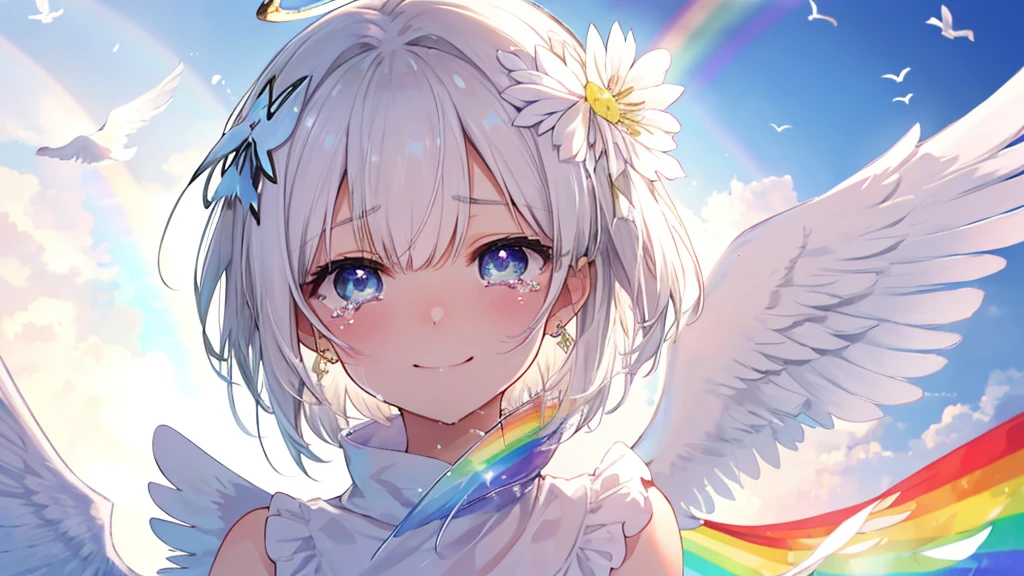 (((Extreme close-up　tears　smile　Low - Angle　Dove of peace　Angel Halo)))　((輝くtears　Rainbow Eyes　Short Hair　Receiving the light　Rainbow light))　(Shining Edge)