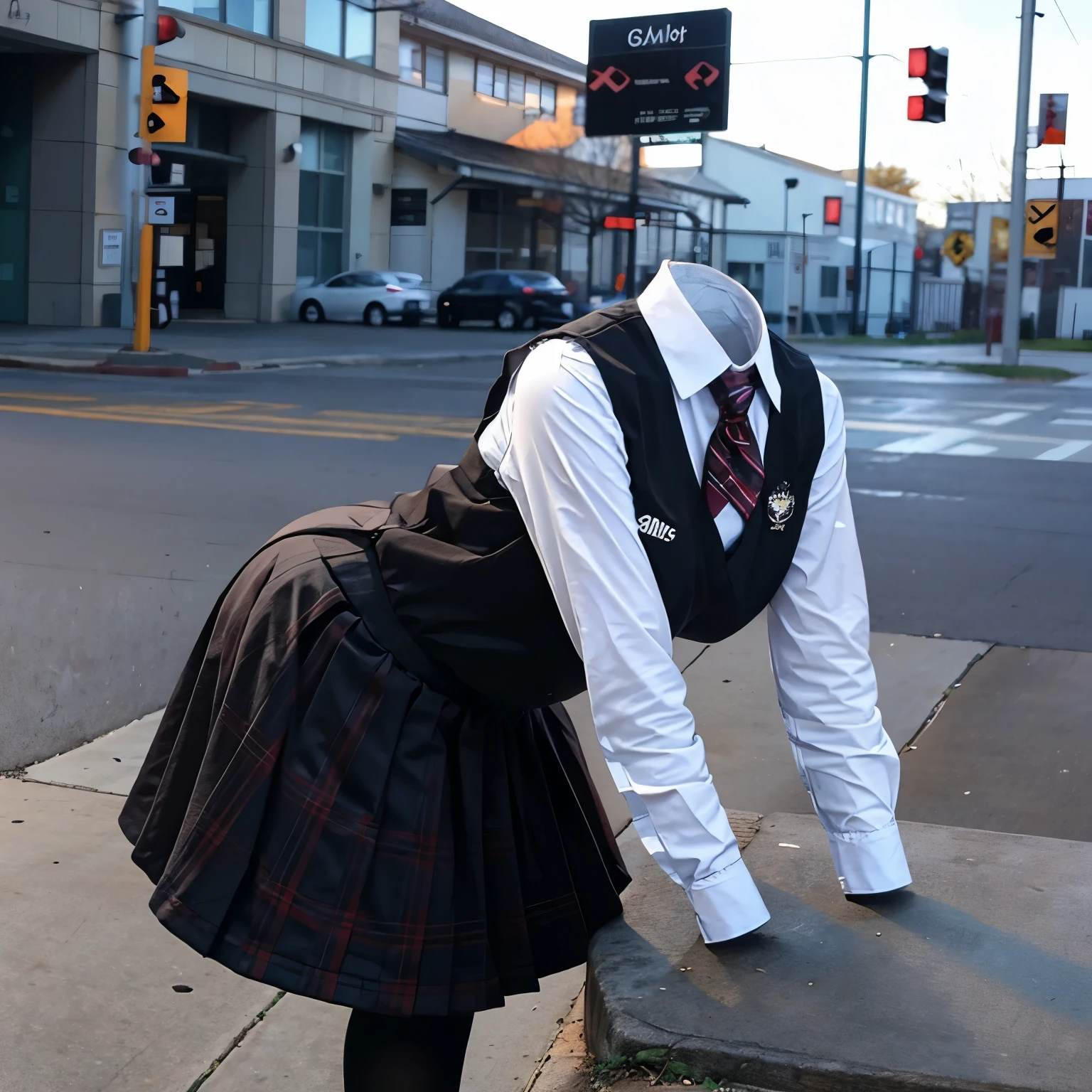 leaning forward, school vest, plaid skirt, stripe tie, fat, cute big breasts, (invisible, no human, headless, handless:1.5)