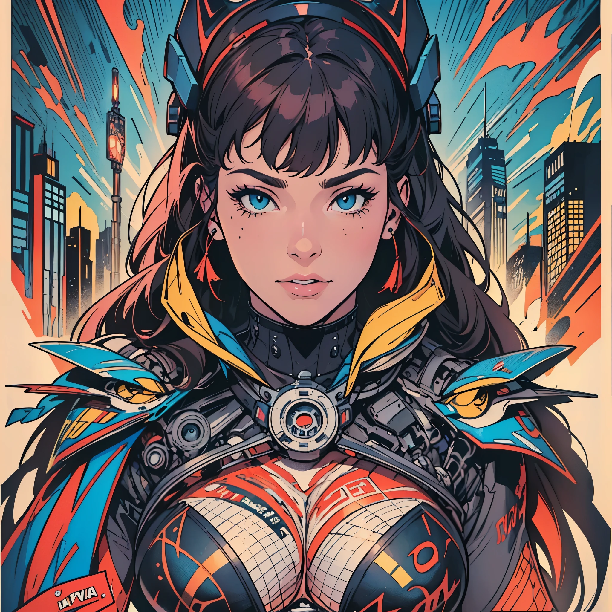 (((ultimate best quality))),(((solo:1.2))),(((1girl:1.2))),((((beautiful perfect woman)))),(((detailed perfect body, detailed perfect finger))),((((((ultimate movie poster)))))),(((bust up, close up))),((((detailed complicated machine)))),(((((genius mechanical))))),(((American comics))),(((extreme highlights))),(((Extremely colorful, primary colors))),cleavage, super beautiful lady,(((typography))),text