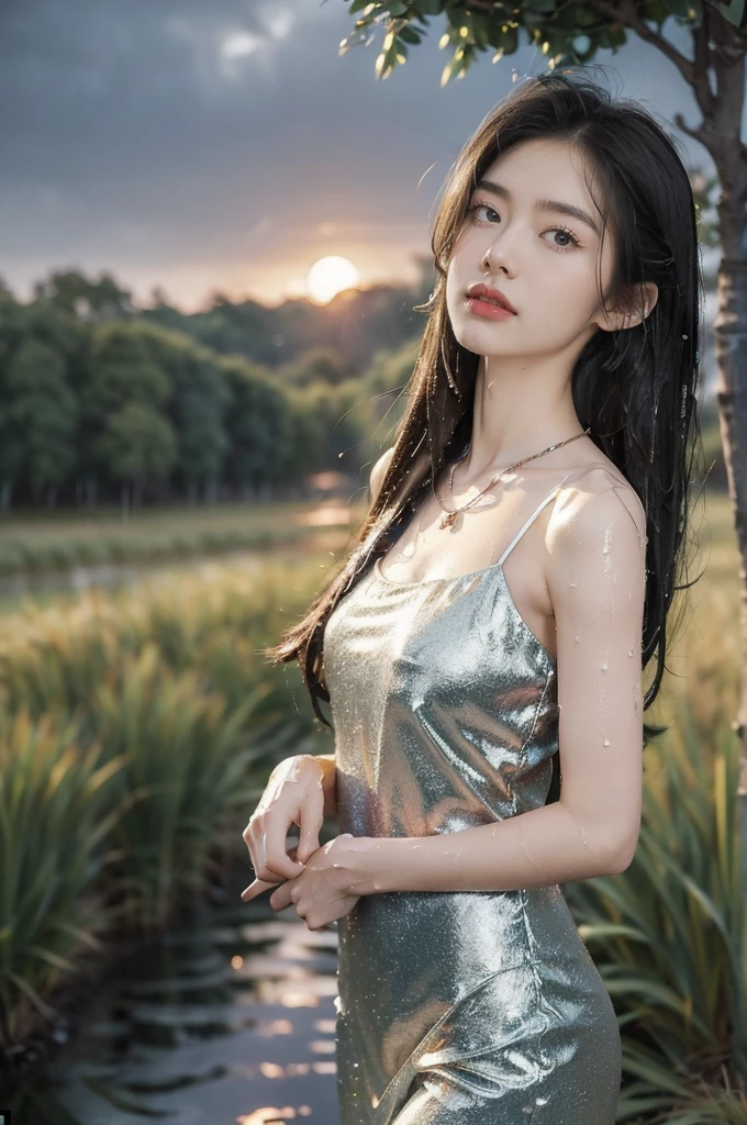 (((best quality))),(((ultra detailed))),(((masterpiece))),illustration,((1 beautiful girl,solo)),((slim,thin,flat chest)),(shoulder length straight bob hair:1.2),flowing hair,fair skin,(shiny skin:1.3),sparkling eyes,laughing,blue sundress,delicate necklace,grass,dewdropletts,trees,bird chirping,serenity,gratitude,awe,wonders of nature,peace,contentment,magnificent world,summer,(pitch-dark dawn:1.5),(night scene:1.3),upper body,from front,after rain,(wet:1.3),standing,on the path,dark clouds,confident gaze,elegant posture,mysterious atmosphere,solemn mood,dawn approaching,detailed decorations,(sunrise:1.3),rainbow