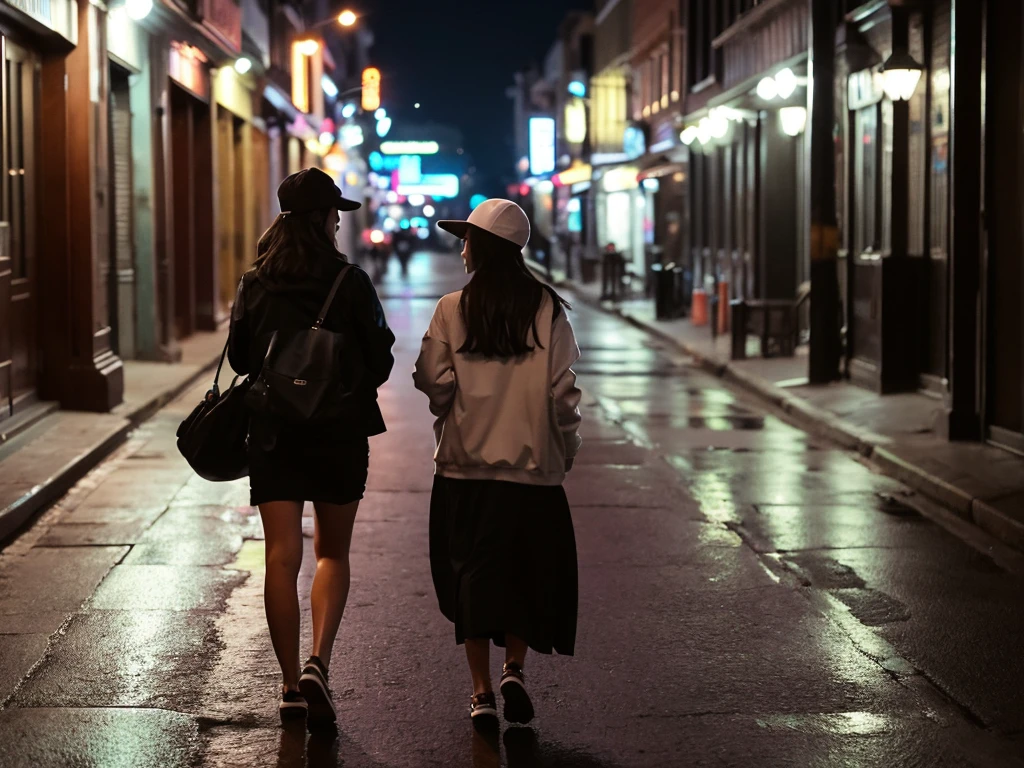 1 girl,night,With a baseball cap,Walking alone on the street,Back,It's drizzling