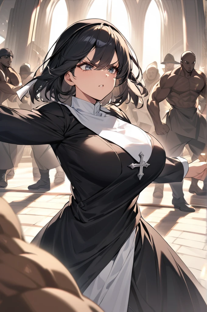 Woman, tall, long black hair,Large breasts, defined, muscles showing through her clothes, dressed as a nun, fighting posture, with several men surrounding her in church