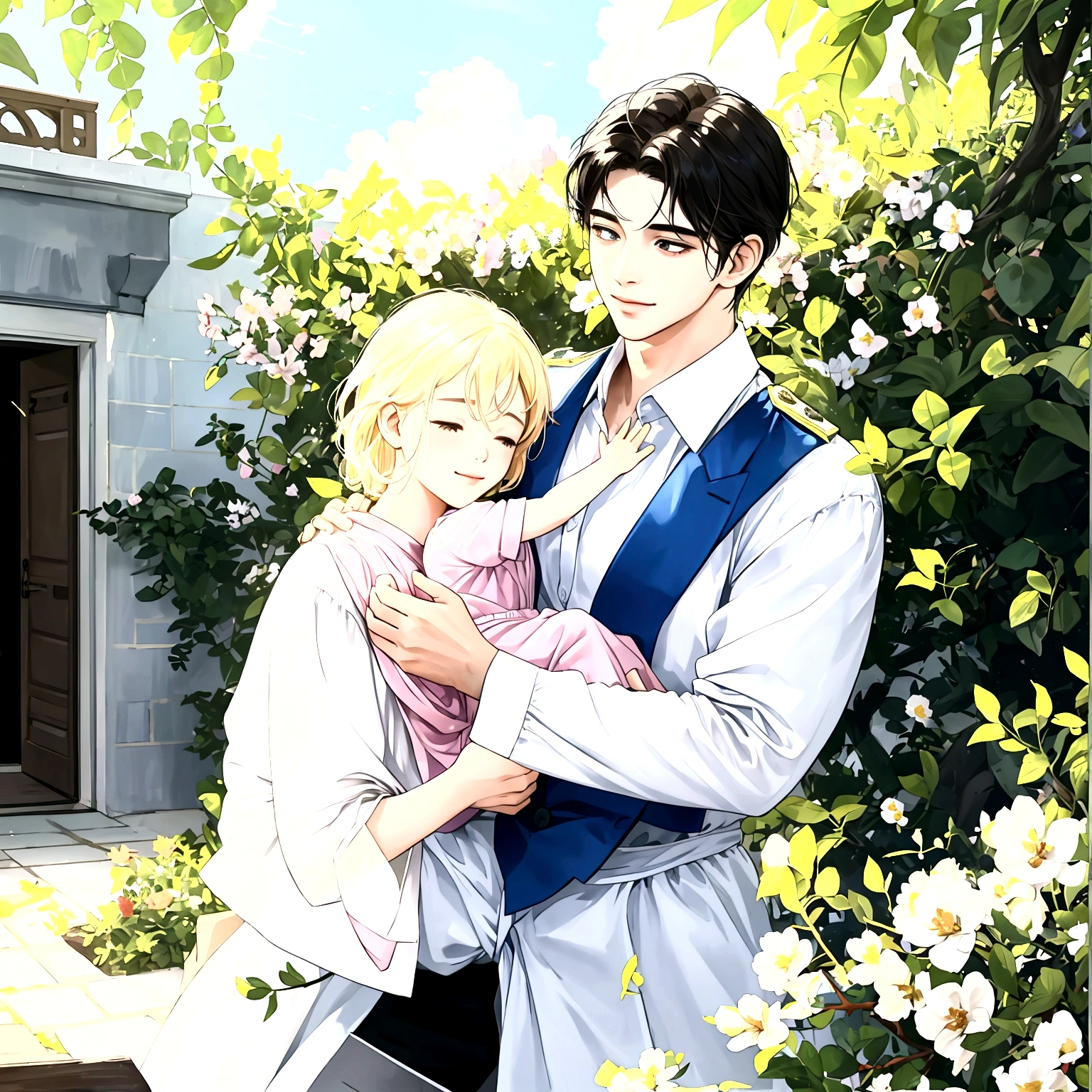 "Under the clear blue summer sky, in the garden of a modern house in Pula, Croatia, a young father is warmly and tightly holding up his young twin children, a boy and a girl. The father, once Constantine I, displays an expression of love and forgiveness, showing no signs of fatigue from work. The twins, once Crispus and Fausta, have innocent and radiant smiles, enveloped in a sense of security in their father's arms. In the background, the sparkling sea and the stylish modern house bathed in summer sunlight extend. Light and shadow intertwine perfectly, with the whole scene exuding a glow symbolizing purification and relationship restoration. "Also friendly and pleasant relationship、divine atmosphere、A paradise of greenery and flowers、heaven、Blessings and Blessings、Beautiful fece、brilliance、ultra-quality、Ultra-high resolution、ultra-definition、Super beautiful、masterpiece