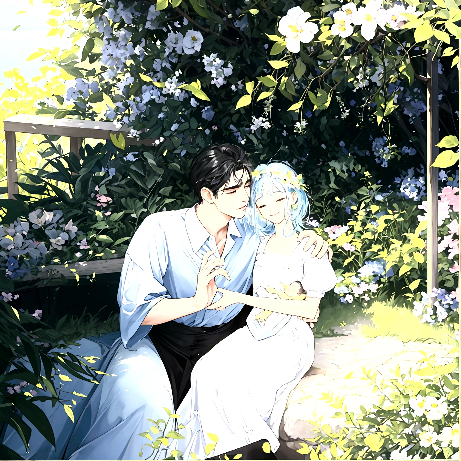 "Under the clear blue summer sky, in the garden of a modern house in Pula, Croatia, a young father is warmly and tightly holding up his young twin children, a boy and a girl. The father, once Constantine I, displays an expression of love and forgiveness, showing no signs of fatigue from work. The twins, once Crispus and Fausta, have innocent and radiant smiles, enveloped in a sense of security in their father's arms. In the background, the sparkling sea and the stylish modern house bathed in summer sunlight extend. Light and shadow intertwine perfectly, with the whole scene exuding a glow symbolizing purification and relationship restoration. "Also friendly and pleasant relationship、divine atmosphere、A paradise of greenery and flowers、heaven、Blessings and Blessings、Beautiful fece、brilliance、ultra-quality、Ultra-high resolution、ultra-definition、Super beautiful、masterpiece
