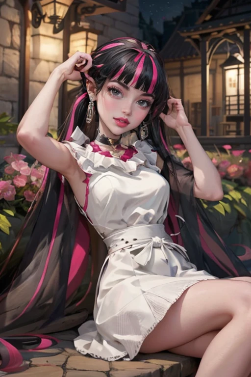 1 girl, a girl with bat wings, holding a taller, succubus, bakery, a cake on focus, cake with strawberrys and red roses, bat choker, necklace, centered, bat jewelry, medieval castle scenery, Pink bat Jewelry, smile, vampire fangs, (looking at viewer), Draculaura_MH, wavy hair, solo, white roses, ornament hair, pink roses on her hair, bat ears on the top of the head, a vampire girl, holding a red rose, perfectly body, perfectly hands, pink hair, flowing hair, short hair, laying down on a grass, chinese garden style, oriental garden, a lake with white carpas on the background, gold lantern, pink dress, chinese pink dress, a dress with layers, short skirt, more details on her clothes, golden details, night, smiling, pink dress, garden scene, cowboy shot, luxury, gold details on her clothes, 1girl, dress, jewelry, maid clothes, maid, maid dress, maid apron, maid headdress, white apron, solo, pink dress, gold lantern, Chinese style, Chinese lanterns, Chinese maid dress, red gloves, white socks, white laces, red shoes, gold details on her clothes, cat ears, animal ears, garden, flowers, temple, lantern rite, more details, best quality