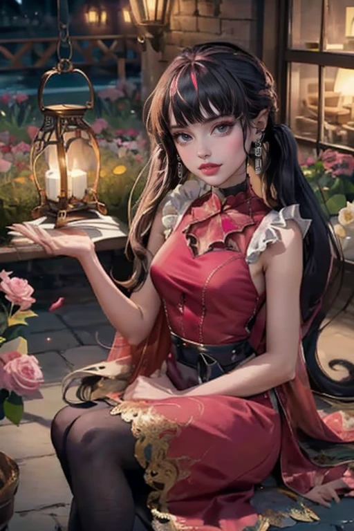 1 girl, a girl with bat wings, holding a taller, succubus, bakery, a cake on focus, cake with strawberrys and red roses, bat choker, necklace, centered, bat jewelry, medieval castle scenery, Pink bat Jewelry, smile, vampire fangs, (looking at viewer), Draculaura_MH, wavy hair, solo, white roses, ornament hair, pink roses on her hair, bat ears on the top of the head, a vampire girl, holding a red rose, perfectly body, perfectly hands, pink hair, flowing hair, short hair, laying down on a grass, chinese garden style, oriental garden, a lake with white carpas on the background, gold lantern, pink dress, chinese pink dress, a dress with layers, short skirt, more details on her clothes, golden details, night, smiling, pink dress, garden scene, cowboy shot, luxury, gold details on her clothes, 1girl, dress, jewelry, maid clothes, maid, maid dress, maid apron, maid headdress, white apron, solo, pink dress, gold lantern, Chinese style, Chinese lanterns, Chinese maid dress, red gloves, white socks, white laces, red shoes, gold details on her clothes, cat ears, animal ears, garden, flowers, temple, lantern rite, more details, best quality