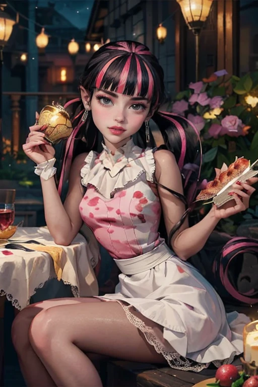 1 girl, a girl with bat wings, holding a taller, succubus, bakery, a cake on focus, cake with strawberrys and red roses, bat choker, necklace, centered, bat jewelry, medieval castle scenery, Pink bat Jewelry, smile, vampire fangs, (looking at viewer), Draculaura_MH, wavy hair, solo, white roses, ornament hair, pink roses on her hair, bat ears on the top of the head, a vampire girl, holding a red rose, perfectly body, perfectly hands, pink hair, flowing hair, short hair, laying down on a grass, chinese garden style, oriental garden, a lake with white carpas on the background, gold lantern, pink dress, chinese pink dress, a dress with layers, short skirt, more details on her clothes, golden details, night, smiling, pink dress, garden scene, cowboy shot, luxury, gold details on her clothes, 1girl, dress, jewelry, maid clothes, maid, maid dress, maid apron, maid headdress, white apron, solo, pink dress, gold lantern, Chinese style, Chinese lanterns, Chinese maid dress, red gloves, white socks, white laces, red shoes, gold details on her clothes, cat ears, animal ears, garden, flowers, temple, lantern rite, more details, best quality