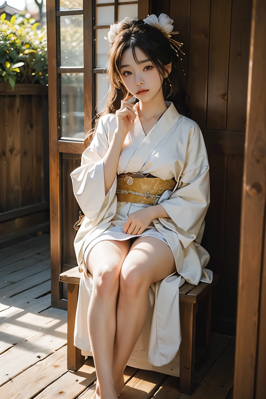 meticulous portrayal of face,1 noblewoman,(Hairpins),(Camellia kimono),(Long flowing colored hair),Simple and elegant Japanese clothing,Collar, the perfect face,Perfect Finger, perfect eyes,Extremely normal body,Ancient Japanese town background,Perfect background,Beautiful looks,Clear Eyes,Leanness,Bare feet and wooden clogs,The intelligent sparkle in his eyes,Barefoot indoors,If outdoors, wear geta,A pure and beautiful girl,Kimono underwear,Thin undergarments,No underwear rule,