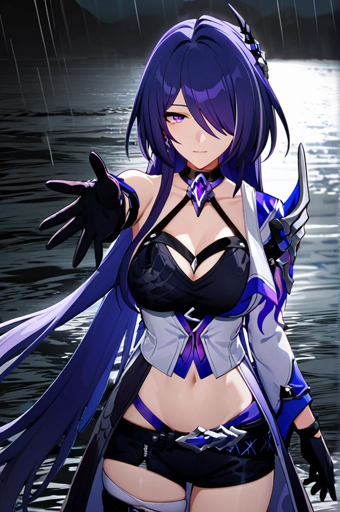 ((masterpiece)),((Highest quality)),High resolution,Extremely detailed CG,Perfect lighting,8k wallpaper,
One Girl,Acheron \(Honkai: Star Rail\),Purple Hair,Very long hair,Purple eyes,Reaching out to your audience,black sea water,rain,water,gloves,