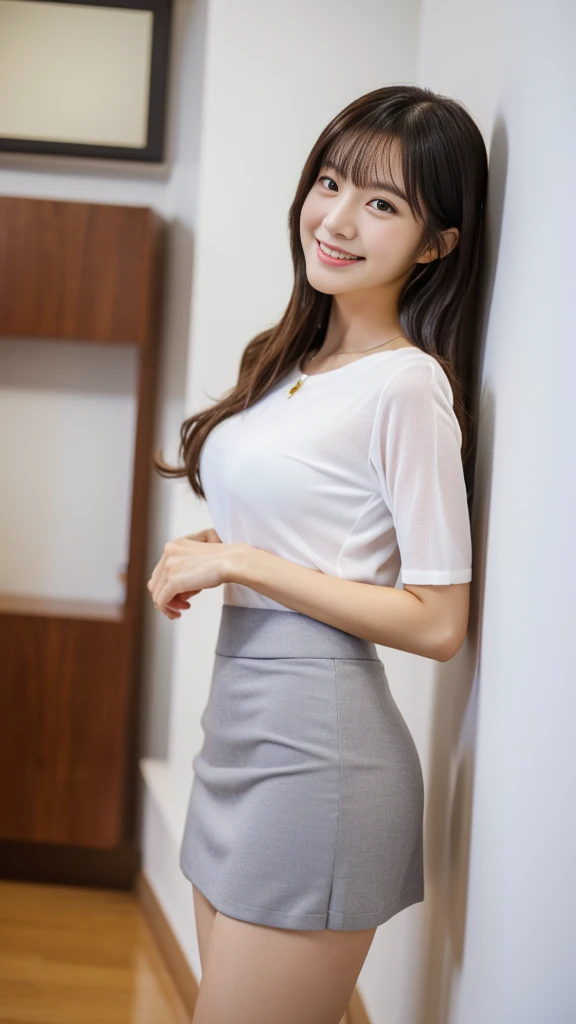 A Japanese woman wearing a white shirt and a short tight skirt poses for a photo、Facing forward、Long legs、sleek legs、(Highest quality、high resolution、High resolution、masterpiece、8K:1.2)、背が高くてSlim figure、Wear tight fitting clothes、mini skirt、tall、Slim figure、Wearing high heels、Beautiful feet、Japanese female fashion model、For tight clothing、ドレスシャツとmini skirt、Detailed face、Detailed eyes、Shiny Hair、Beautiful Japanese Women、Smiling Kindly、Office Clothes、Business Casual、(Clear photos、RAW Photos、Lifelike, detailed photos:1.3)、Mid-chest、Thin arms、Natural color stockings、pantyhose、Looking at me with a smile、Clear photos、(Kodak Portra 800 Film SMC Takumar 35mm F/ 2. 8 50 sec:1.1)、(RAW Photos、Photos like the real thing:1.2)、