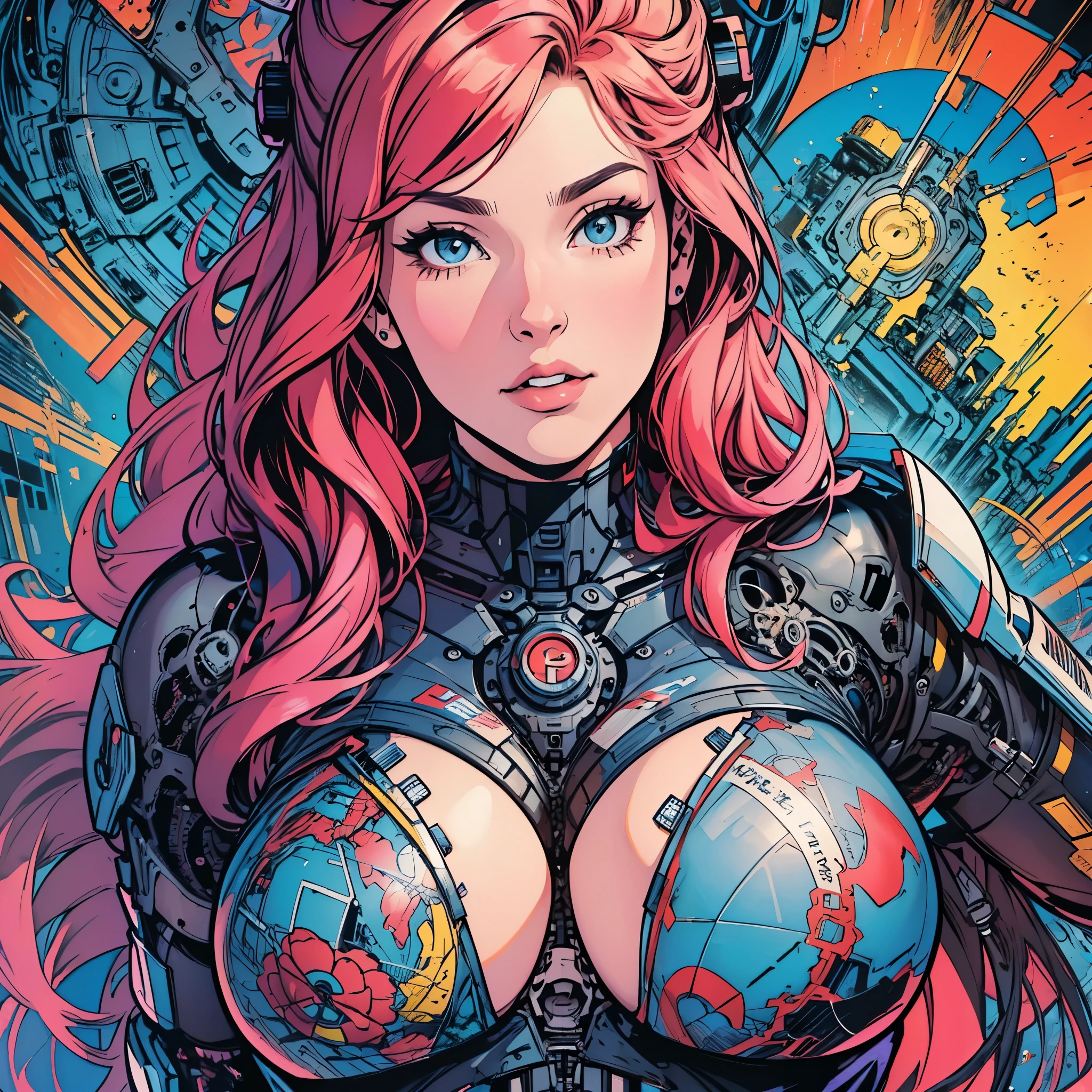 (((ultimate best quality))),(((solo:1.2))),(((1girl:1.2))),((((beautiful perfect woman)))),(((detailed perfect body, detailed perfect finger))),((((((ultimate movie poster)))))),(((bust up, close up))),((((detailed complicated machine)))),(((((genius mechanical))))),(((American comics))),(((extreme highlights))),(((Extremely colorful, primary colors))),cleavage, super beautiful lady,(((typography))),text
