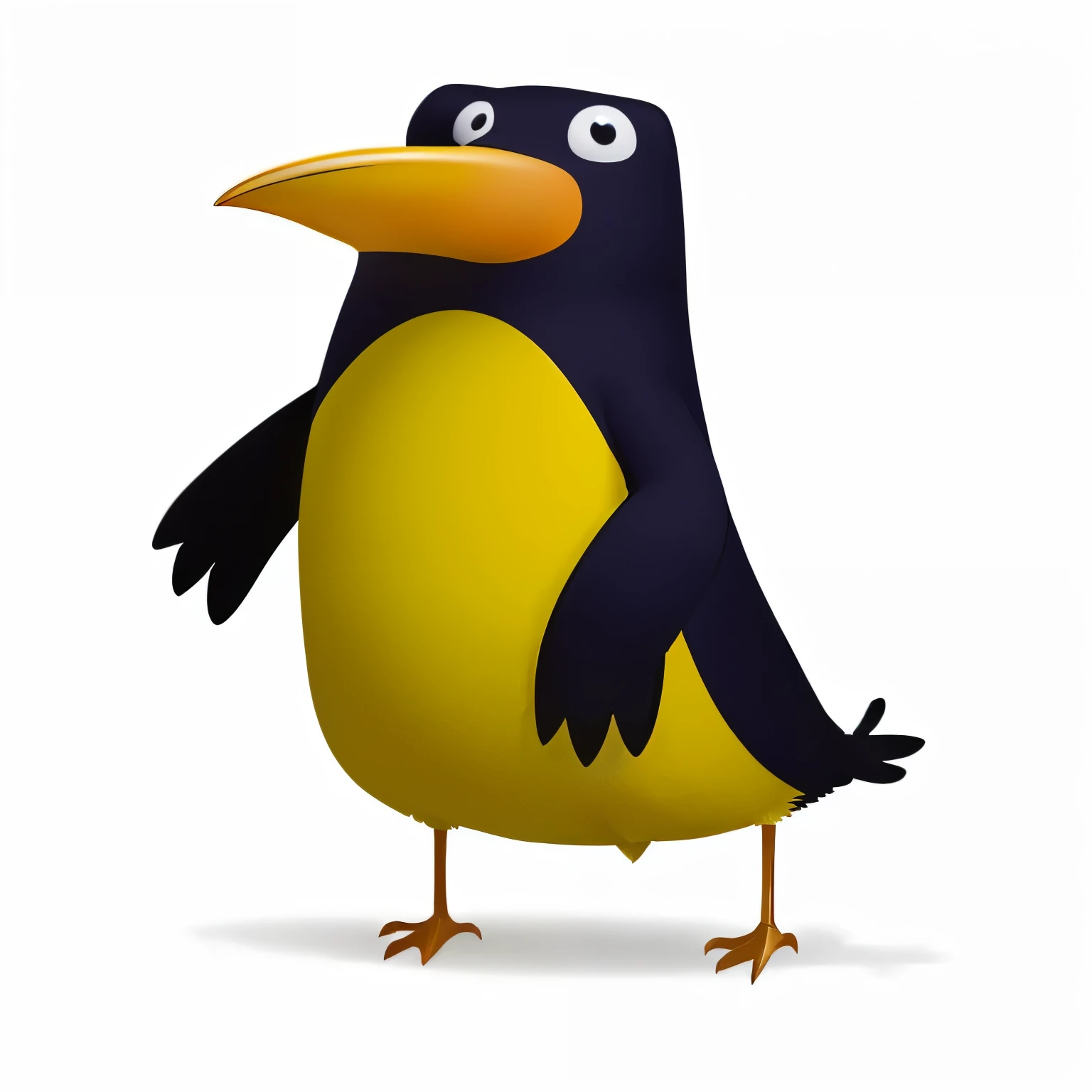 cartoon bird with yellow beak and black wings standing on a white surface, anthropomorphic penguin, anthropomorphic bird, beware the jubjub bird, penguin, pinguin, toucan, rounded beak, birb, long thick shiny black beak, pingu, hd illustration, very stylized, fat penguin unity asset, an illustration of