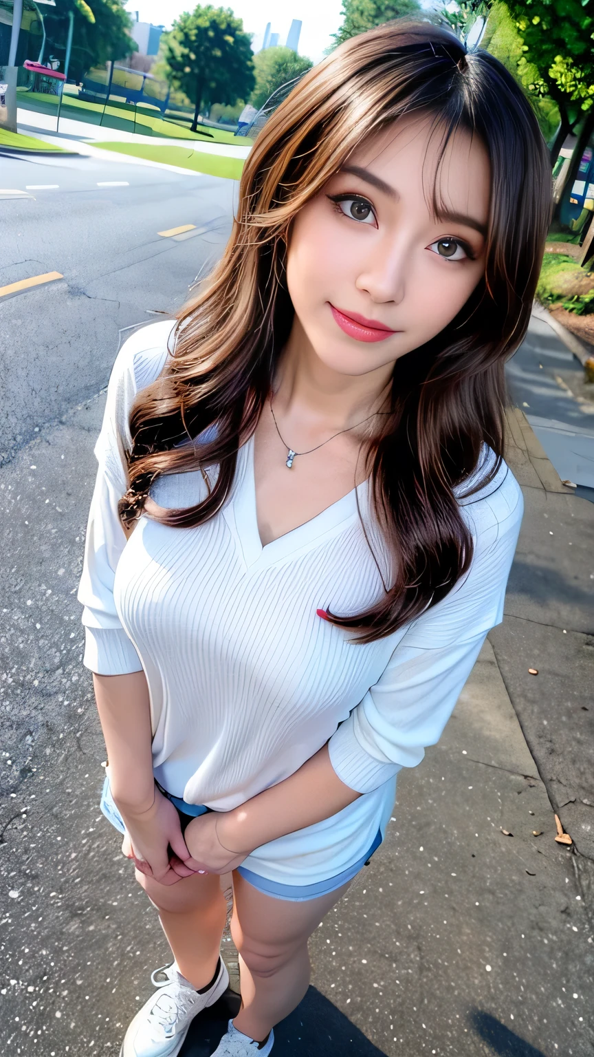seed:4195271995,((Full Body Angle:1.1)),((Highest quality, 8K, masterpiece: 1.3)), concentrated: 1.2,Front hair:1.3, Cute girl 1,Nipples erect、 Perfect beauty: 1.4,Colorful ribbed knit half-zip T-shirt、Shorts,: 1.2,Randall Color、comics&Text Graphics、Black,1.1, Highly detailed face and skin textures, Fine grain, double eyelid, whitening skin, ,Highest quality,Ultra-high resolution,you,1 girl,alone,_Shiny_skin,Iris,necklace,((brown_length_Wavy_hair)),(lips)),eyelash,Front hair,deal with,compensate,Shiny,pore,skin big breasts、smiling face、Front hair、Walking in the park、walk