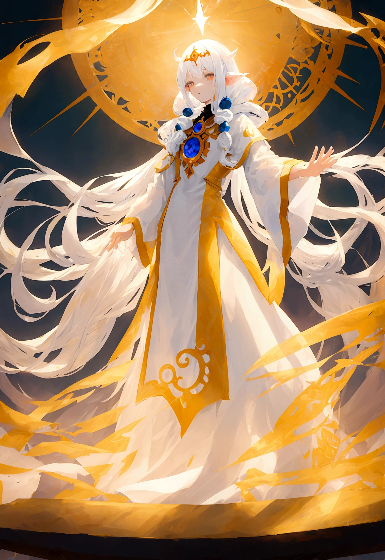 Character (human) (white long hair) (mystical seer-style clothing) (character in dynamic pose) (perspective angle) (full frame) (ethereal background) (warm vibes)