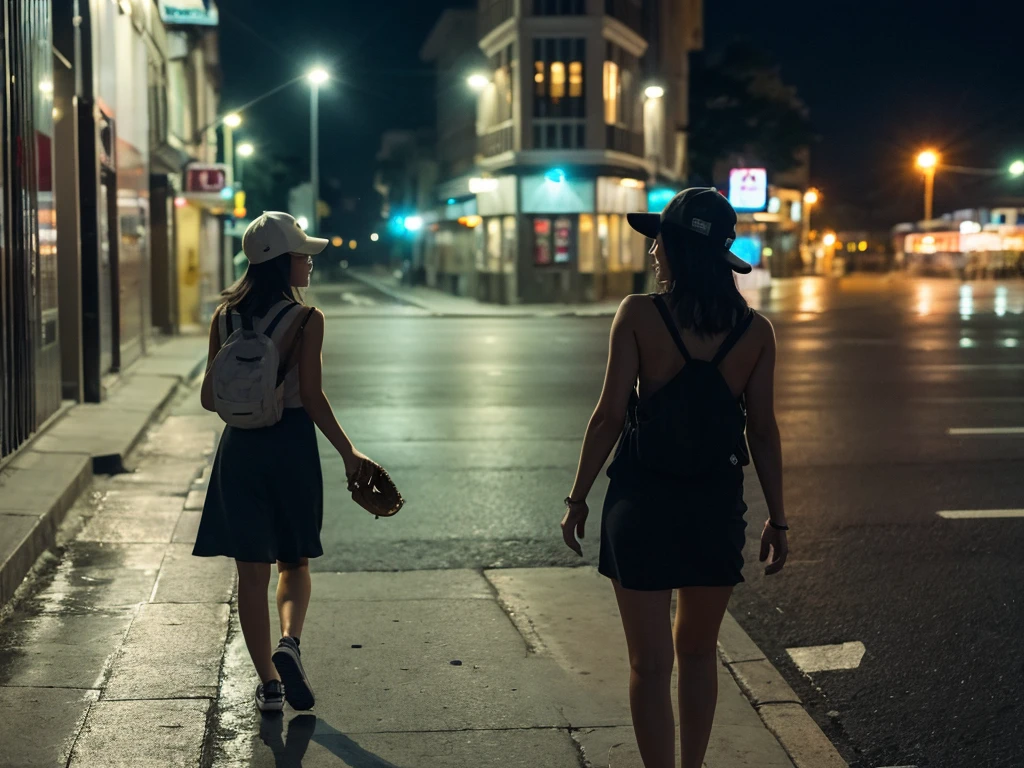 1 girl,night,With a baseball cap,Walking alone on the street,Back,It's drizzling