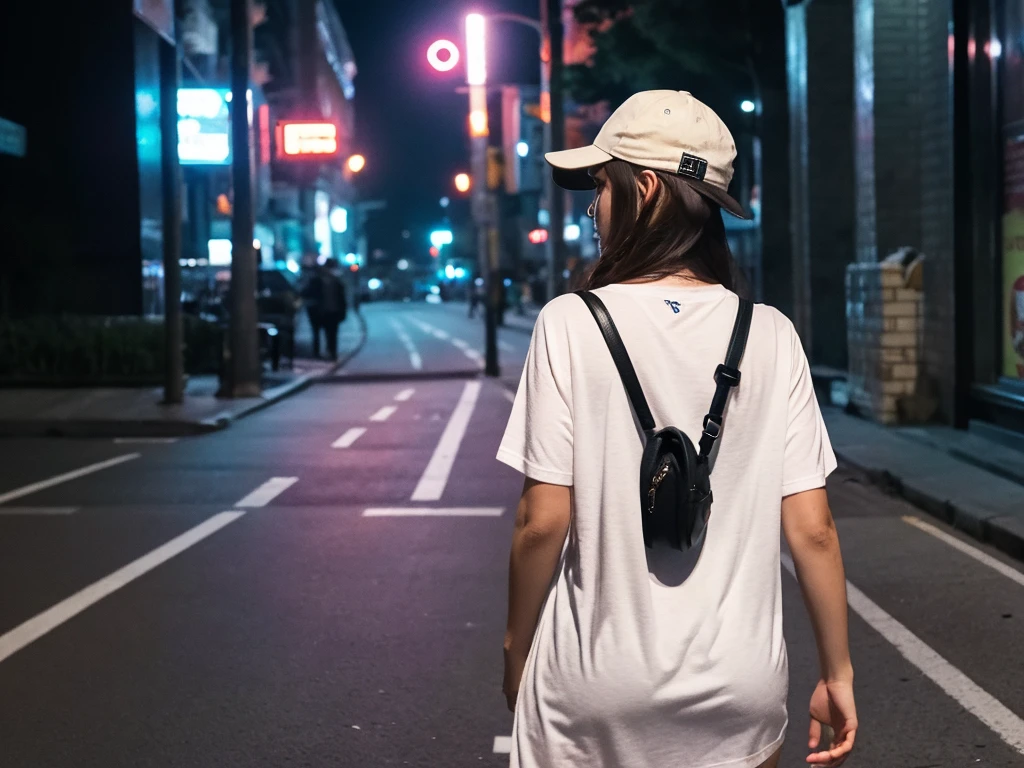 1 girl,night,With a baseball cap,Walking alone on the street,Back,It's drizzling