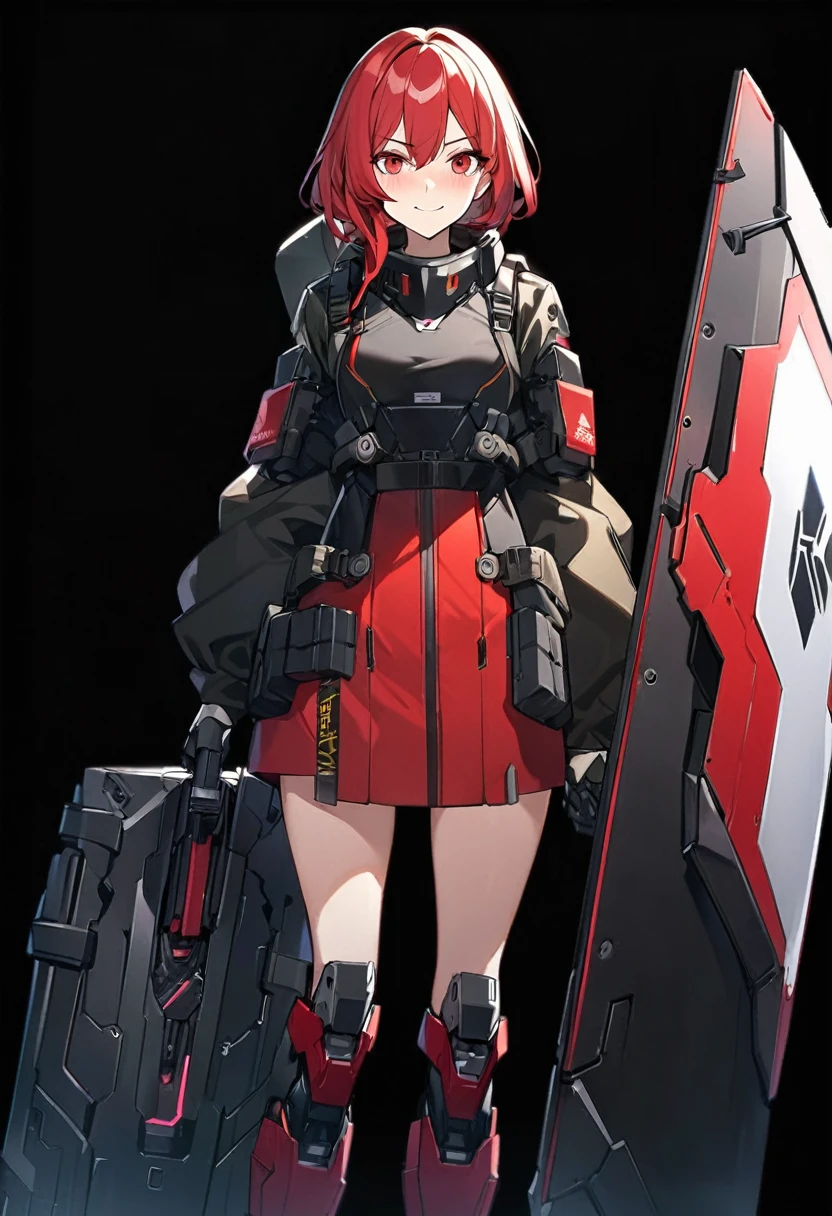 Anime-style woman in black and red outfit holding large shield, Cyberpunk Anime Girl Mecha, Wearing technical clothing, Amazing anime 8k, From Girls Frontline, Mechanized Soldier Girl, Special Assault Team, special forces, M4 Sopmod II Girls Frontline, Official character art, Kashert Kenz, Kshat Garland, ((short length red hair)), innocent, cute, smiling, ((black background)), ((simple background)), ((holding super large shield)), ((Shield as tall as the owner's height)), ((small chest)), ((black long botoms)), , ((Kindness)), ((gentleness)), ((shy))