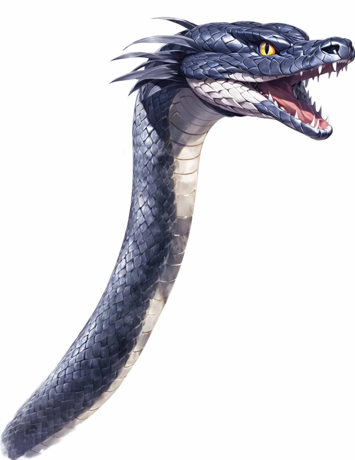 there is a drawing of a snake with its mouth open, Jermon Gander, snake, Jomon Gander, snake body, snake head, lower half of his body is snake, snake, snakeine water monster, snake body, chest up human lower half snake, snake art, snake human hybrid, big snakes heads with open mouth, high resolution, big snake