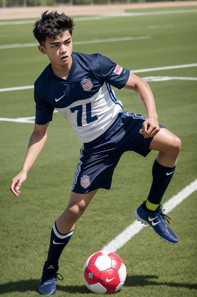 make a 17 year old playing football wearing the number 7 shirt, and the color of his uniform is navy blue, the shirt and shorts, The sock is black and the boots are from Nike.