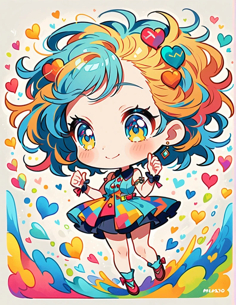 Mika Pikazo style, Simple Line Initialism，Abstract art，Urban Background, colorful hearts ,(((The most beautiful girl of all time))), (((chibi))), happy dance