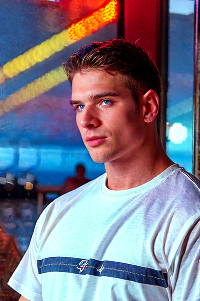 handsome guy, realistic, (natural lighting:studio lighting:0.5), sophisticated elegant mood, stained, highly detailed, found footage, masculine broad shoulders, facial hair, chill, feel good, (best quality:1.5), wear white t shirt, face focus, outdoors, blue sky, beach,  upper body, (blue eyes), MalikDelgaty, caucasian, bright skin, (masterpiece,best quality:1.5)